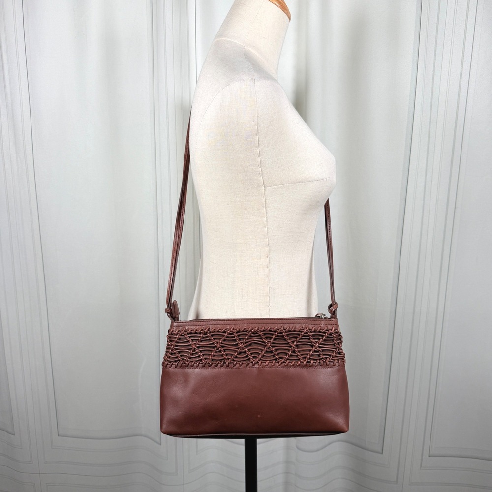 Vintage 90s Etienne Aigner Brown Leather Double Strap Crossbody Woven Lattice